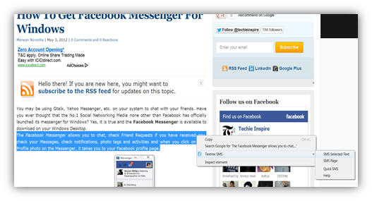 sending text information from website via sms